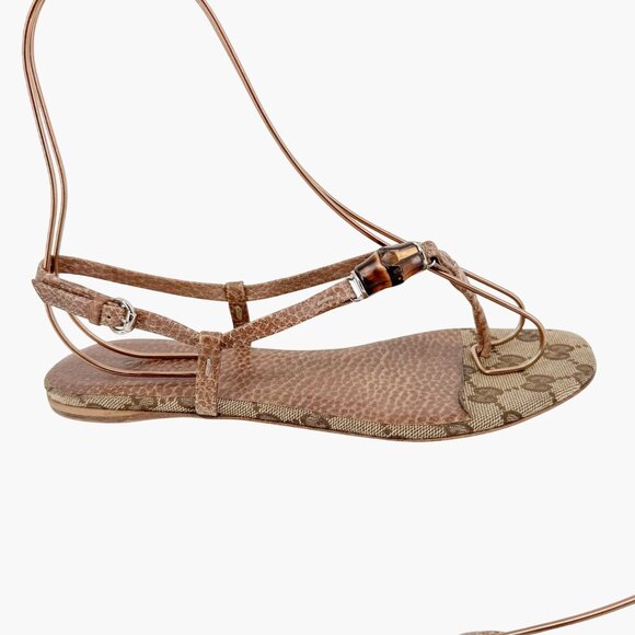 Gucci Bamboo GG Flat Thong Sandals Size 36 US 6 Beige Monogram Canvas Flop Flop - Picture 8 of 13